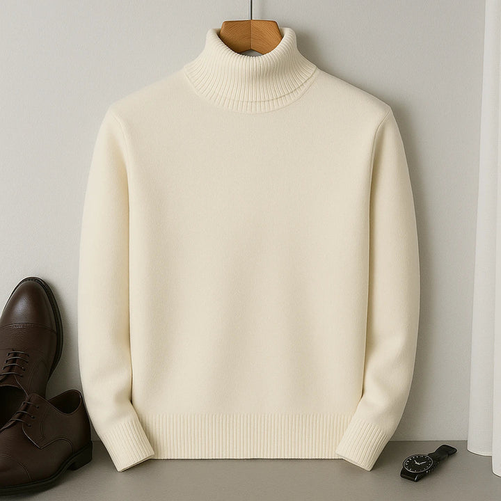 Sweter męski z golfem w zbliżeniu, miękka faktura materiału. Ciepły i elegancki.