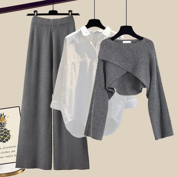 Miękki szary damski trzyczęściowy zestaw. Komfortowy komplet casual, doskonały na każdą okazję. Moda.