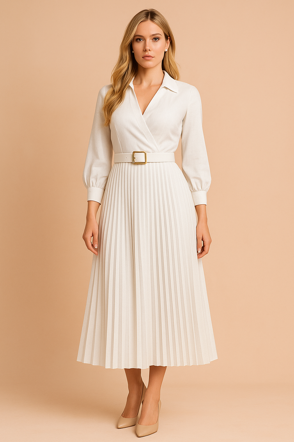 Plisowana sukienka midi plus size, idealna na co dzień i formalne okazje, podkreślająca sylwetkę.