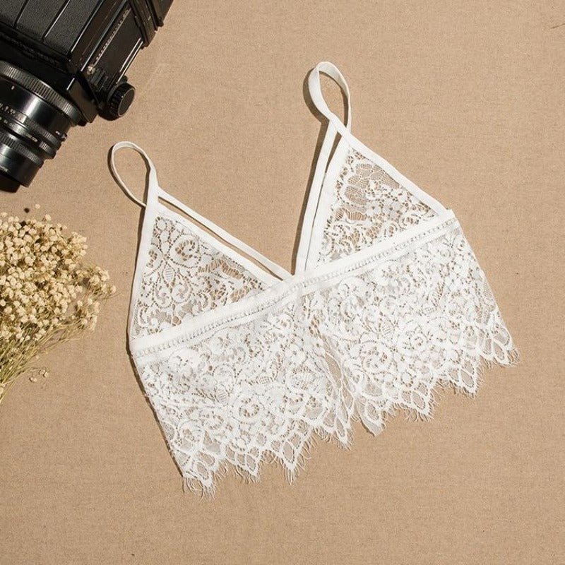 Damski koronkowy bralette biustonosz z ozdobnymi paskami. Elegancka i modna bielizna bezfiszbinowa.
