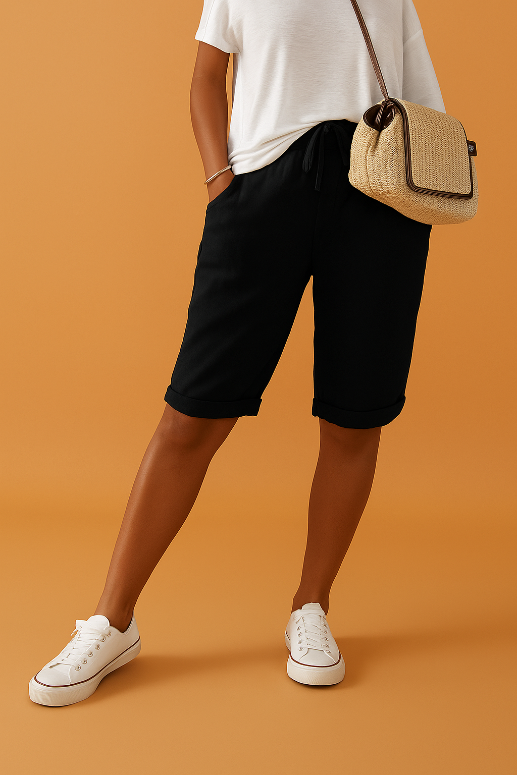 Modelka w damskich spodenkach bermudach, casualowy look na lato, wygodne z regulacją w talii.