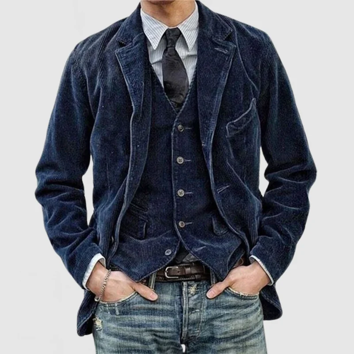 Elegancka granatowa marynarka męska slim fit w stylu vintage. Idealna na co dzień i spotkania biznesowe.