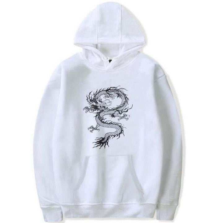 Odzież męska: bluza z kapturem i wyraźnym nadrukiem smoka. Swobodny styl, idealna dla miłośników streetwearu i wygody.