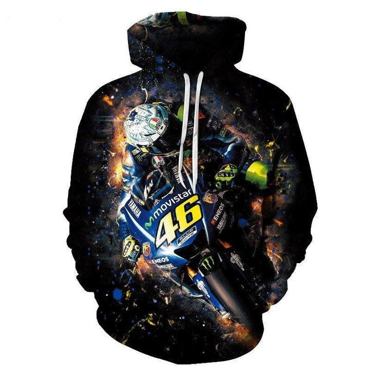 Męska bluza z kapturem z wyrazistym nadrukiem motocykla, idealna na casualowy styl dla niego.