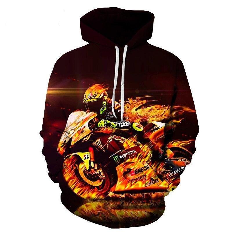 Stylowa bluza męska z kapturem i efektownym motywem motocykla, doskonała do codziennych, casualowych stylizacji.