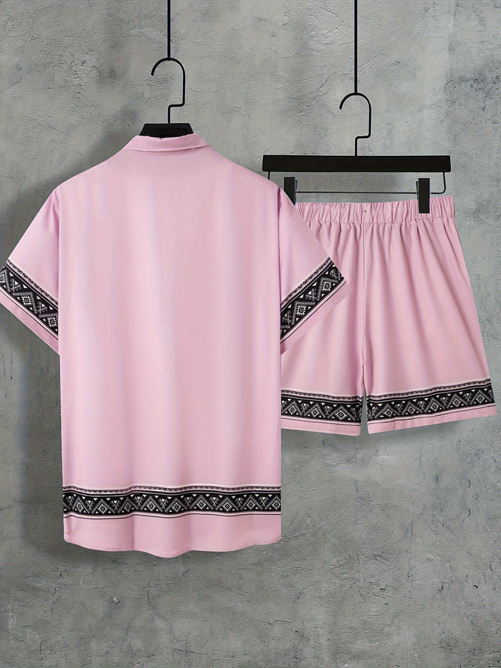 Modny męski komplet boho: luźna koszula z krótkim rękawem i szorty. Idealny na letnie dni i casualowy styl.