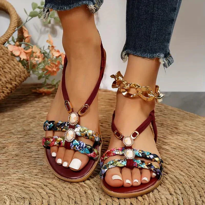 Damskie letnie sandały Amira boho, slip-on, z eleganckimi perłami, bardzo komfortowe.