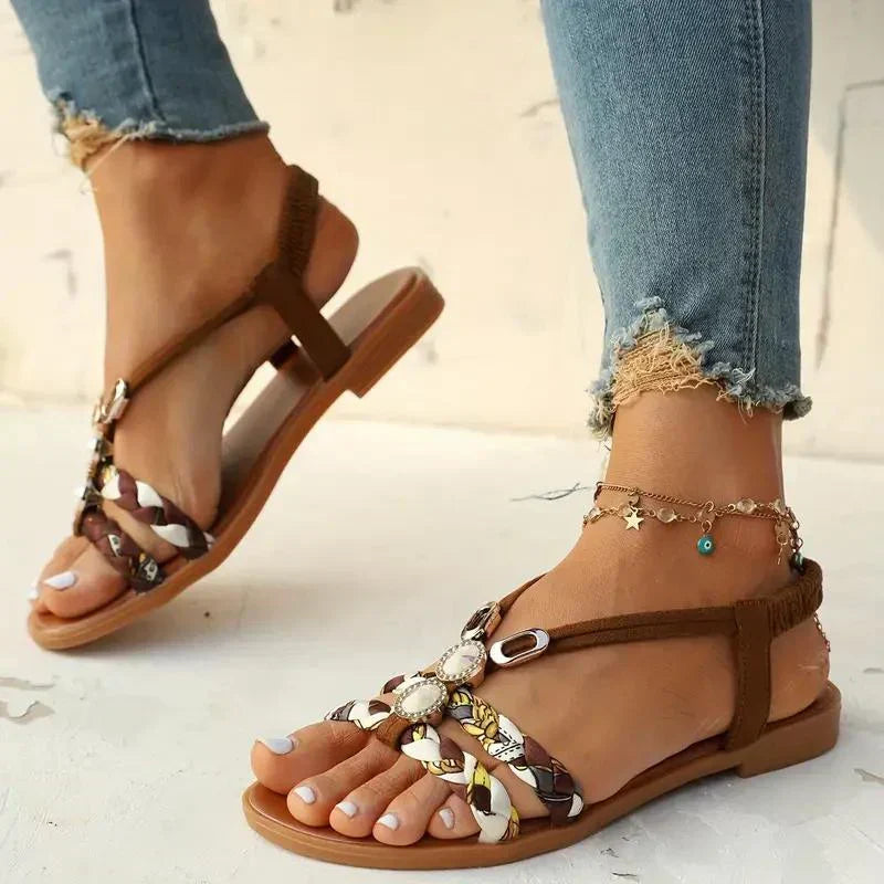 Lekkie sandały damskie Amira boho z perłami, styl slip-on, na plażę.