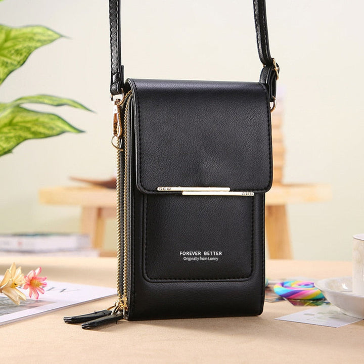 Modna torebka crossbody z wbudowanym etui i dotykowym ekranem na smartfon. Nowoczesna organizacja.