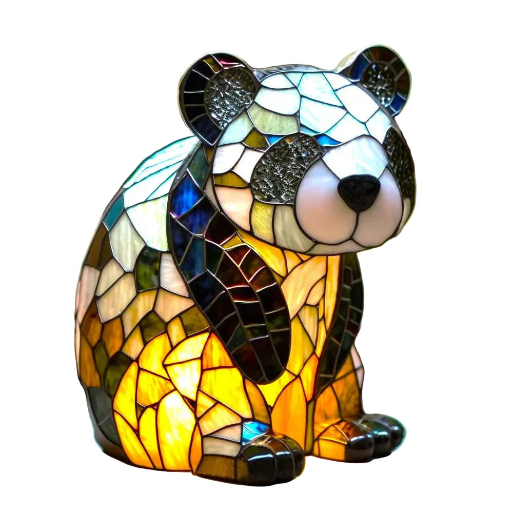 Lampa stołowa szklana artystyczna z motywem zwierzęcym, witrażowy design.