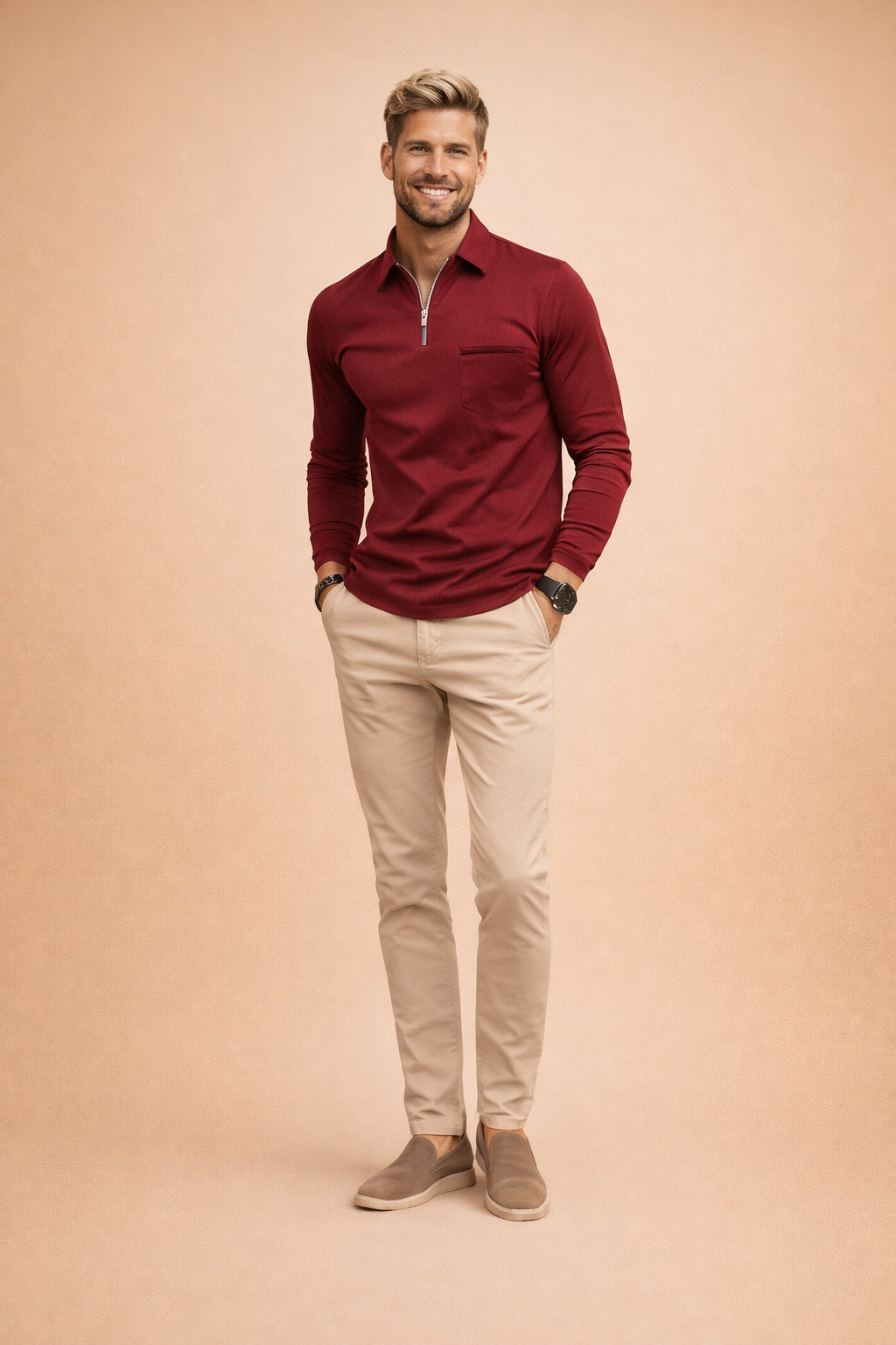 Męskie polo z długim rękawem i zamkiem, doskonałe do stylizacji smart casual. Podkreśla elegancję i styl.