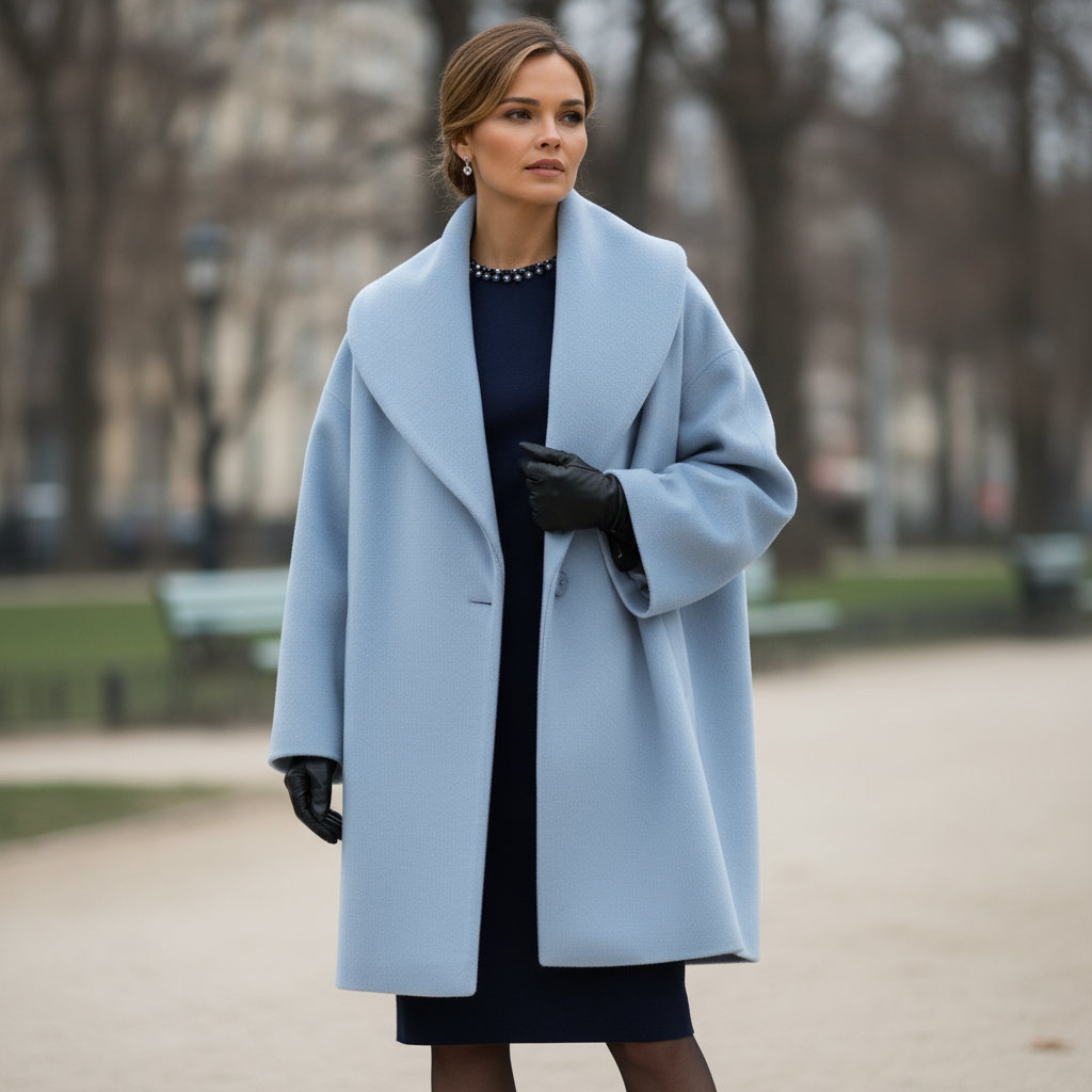 Elegancki, ciepły damski płaszcz oversize midi, idealny na zimę i jesień, z szerokimi klapami.