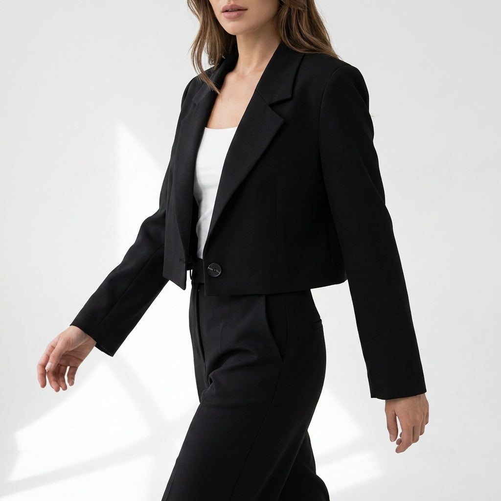 Kobieta w krótkiej, eleganckiej marynarce z klapami. Stylowy blezer damski do pracy, idealny do biura.