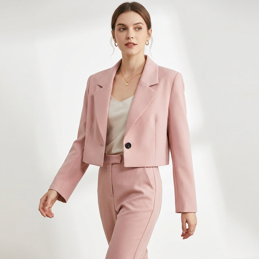 Damska krótka marynarka z klapami. Elegancki blezer biurowy idealny do pracy. Modny krój.