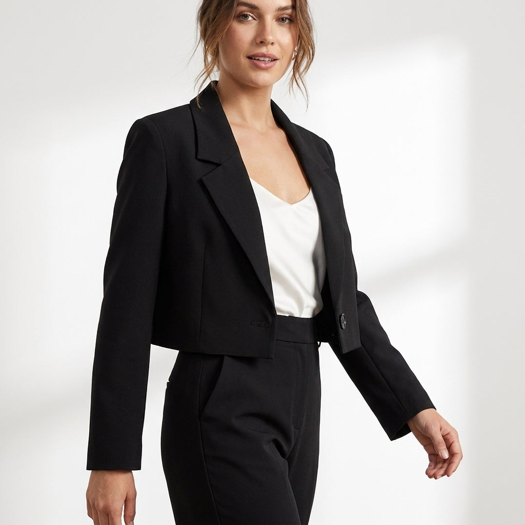 Krótka marynarka damska z eleganckiego materiału. Blezer z klapami, wygodny i szykowny do pracy.