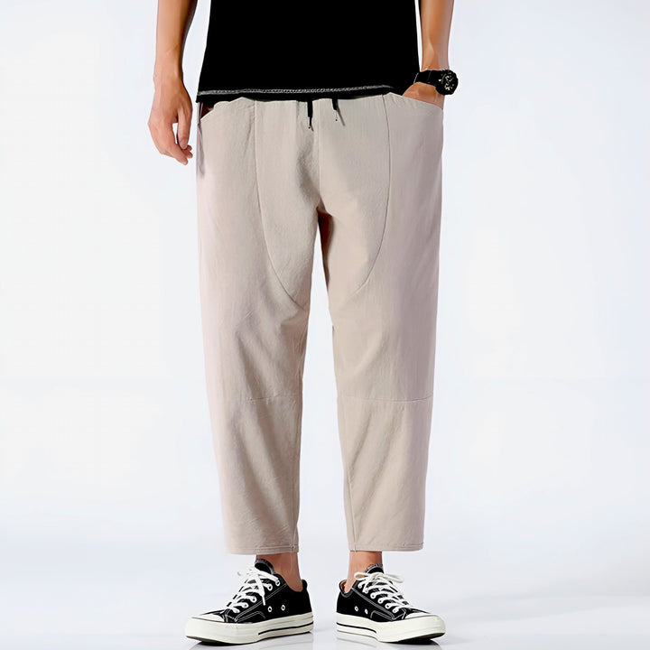 Spodnie męskie na lato, szerokie nogawki, krój cropped, z troczkiem, styl casual.