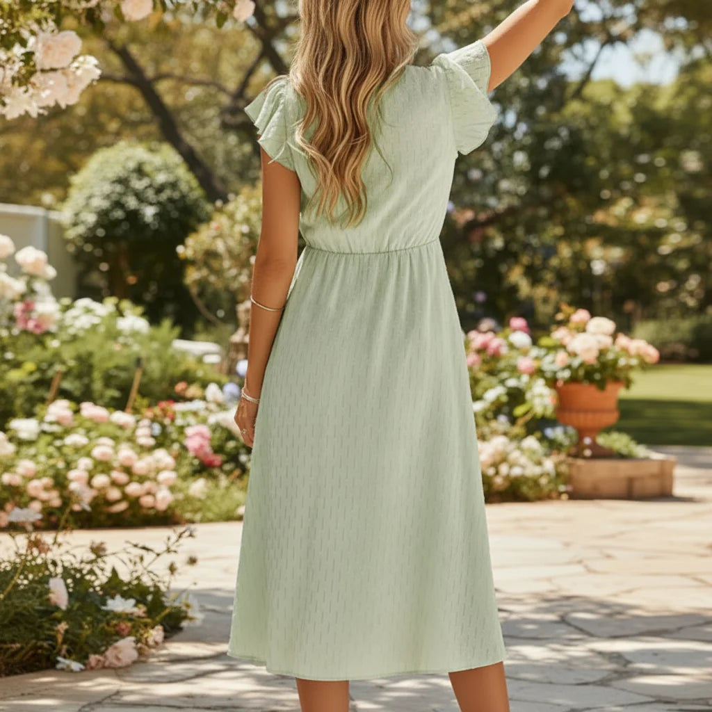 Elegancka sukienka midi dla kobiet, z dekoltem w serek, falbanami i zwiewnym materiałem, na ciepłe dni.