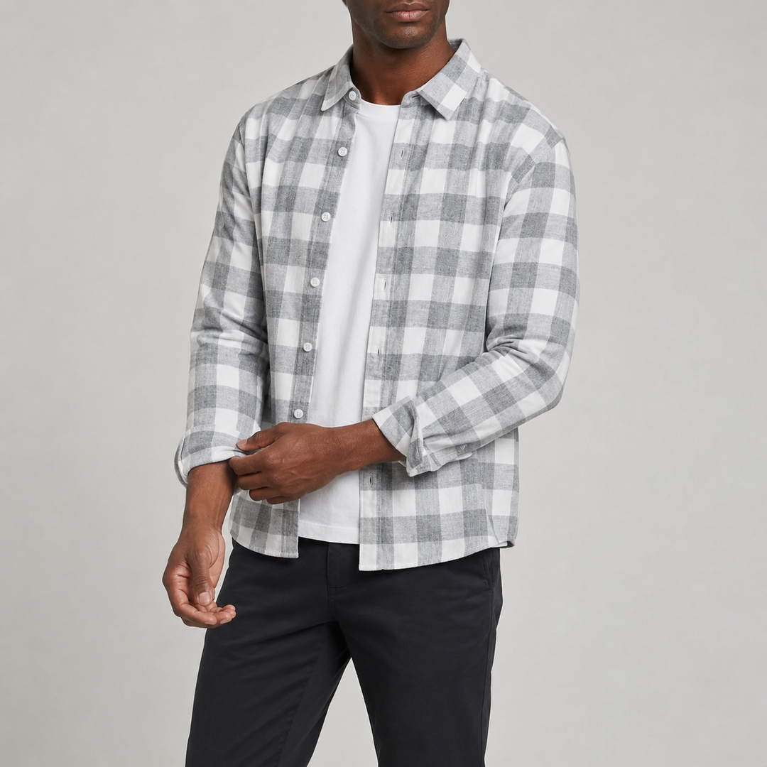 Męska koszula smart casual w szaro-niebieską kratę, z kołnierzykiem button down. Idealna na co dzień i do pracy.