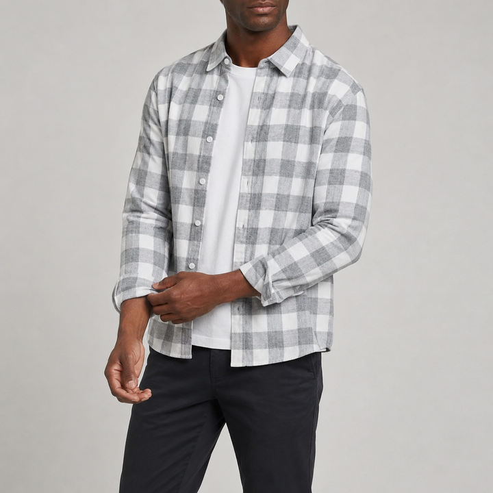 Męska koszula smart casual w szaro-niebieską kratę, z kołnierzykiem button down. Idealna na co dzień i do pracy.