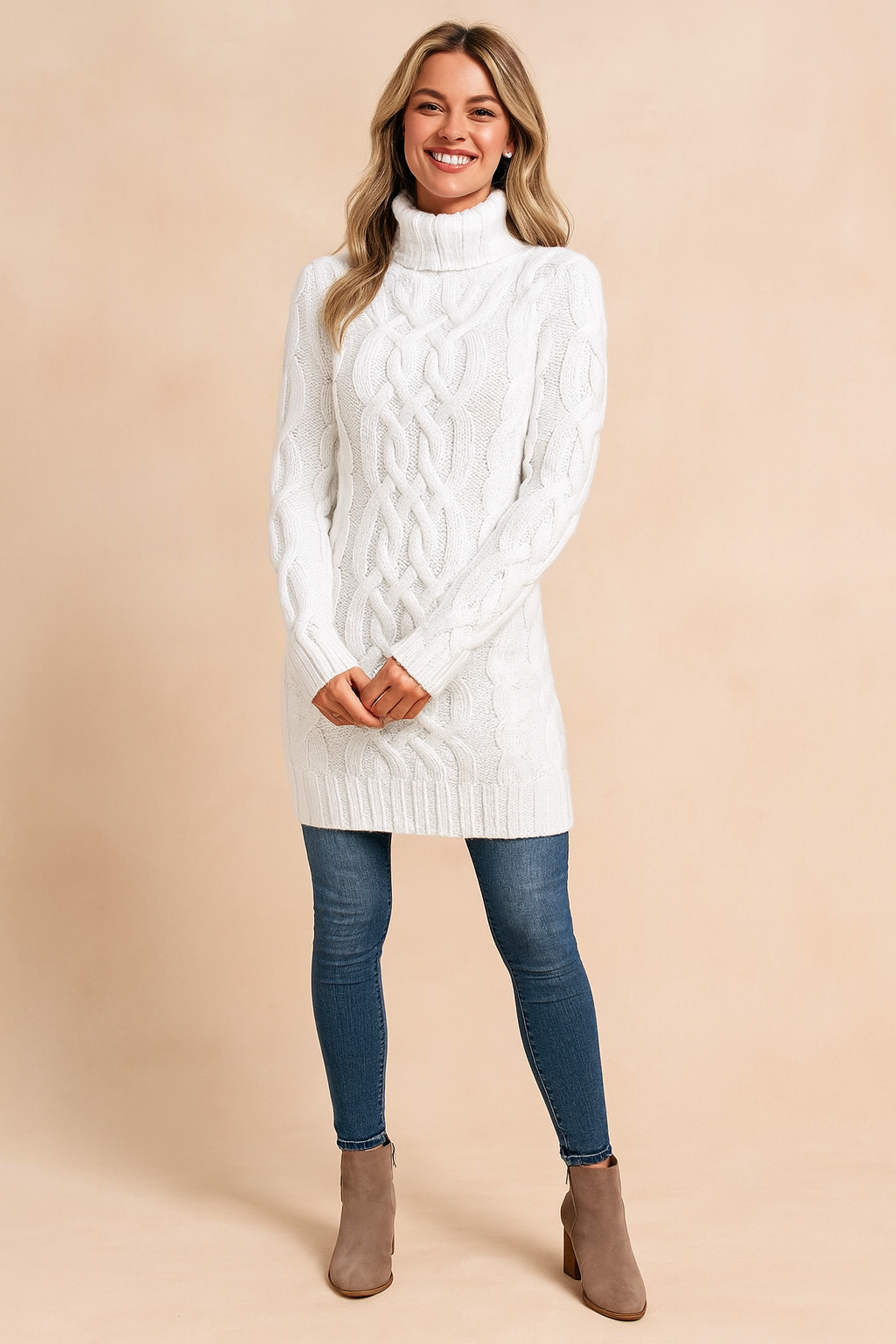 Damski sweter z golfem i modnym warkoczowym splotem. Idealny na zimę, elegancki i ciepły pulower.