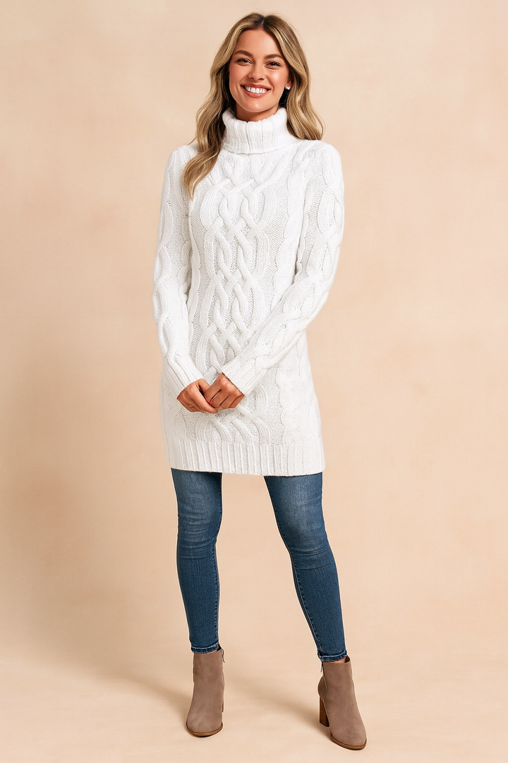 Damski sweter z golfem i modnym warkoczowym splotem. Idealny na zimę, elegancki i ciepły pulower.