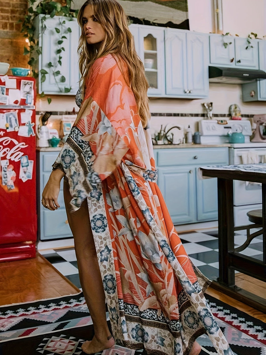 Damskie kimono w czerwone kwiaty, idealne na plażę i letnie dni. Lekka narzutka z kwiatowym wzorem.