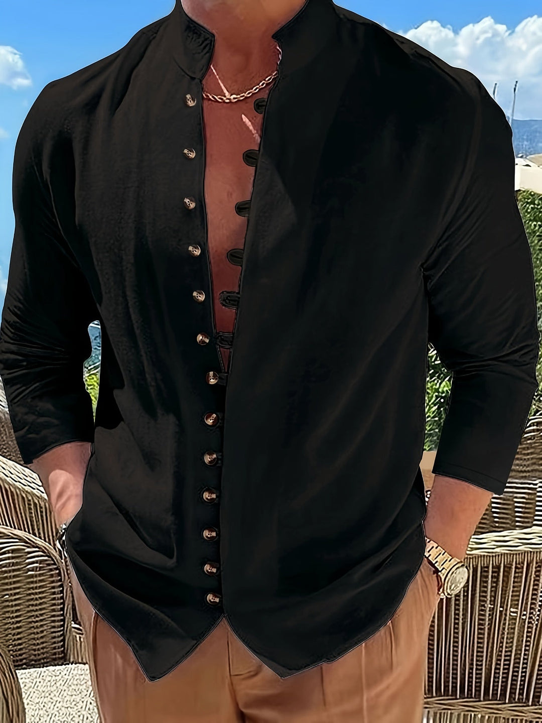 Męska koszula regular fit ze stójką i długim rękawem. Elegancka, casualowa odzież męska na co dzień.