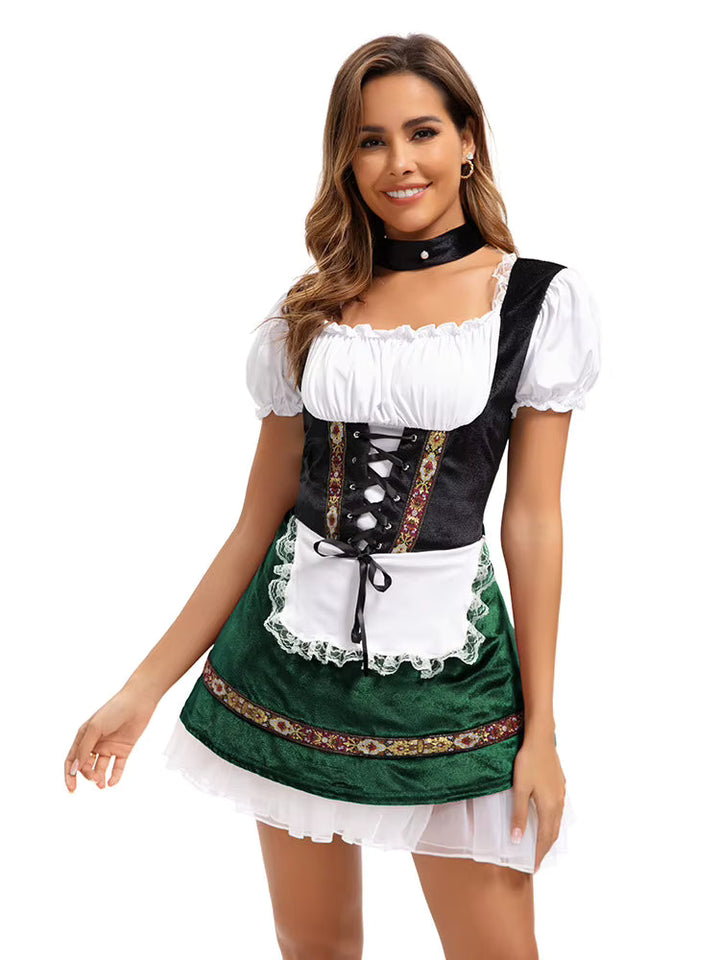 Damska sukienka Dirndl na Oktoberfest z ozdobnym gorsetem i bufkami. Idealna na imprezę.