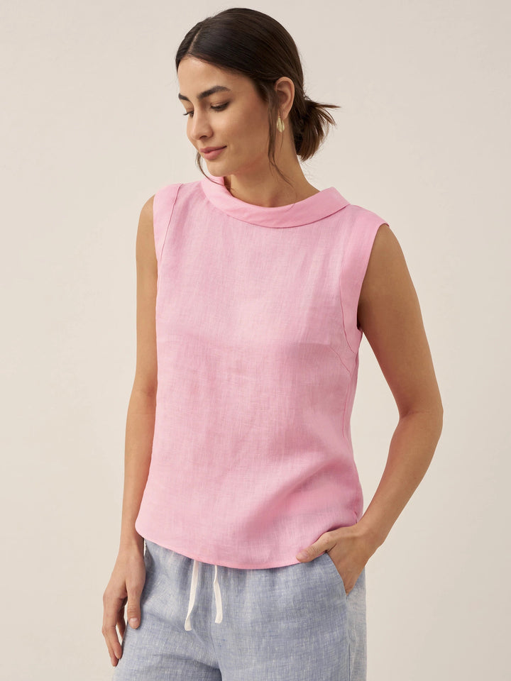 Damski top bez rękawów z szerokim kołnierzem, idealny na lato. Elegancki, modny fason smart casual.