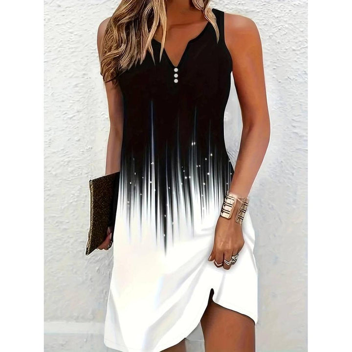 Modna damska sukienka mini, prosta i bez rękawów. Komfortowa z dekoltem V, na lato i wiosnę.