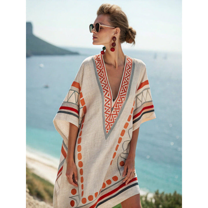 Damska tunika plażowa boho z dekoltem V, idealna na lato i wakacje.