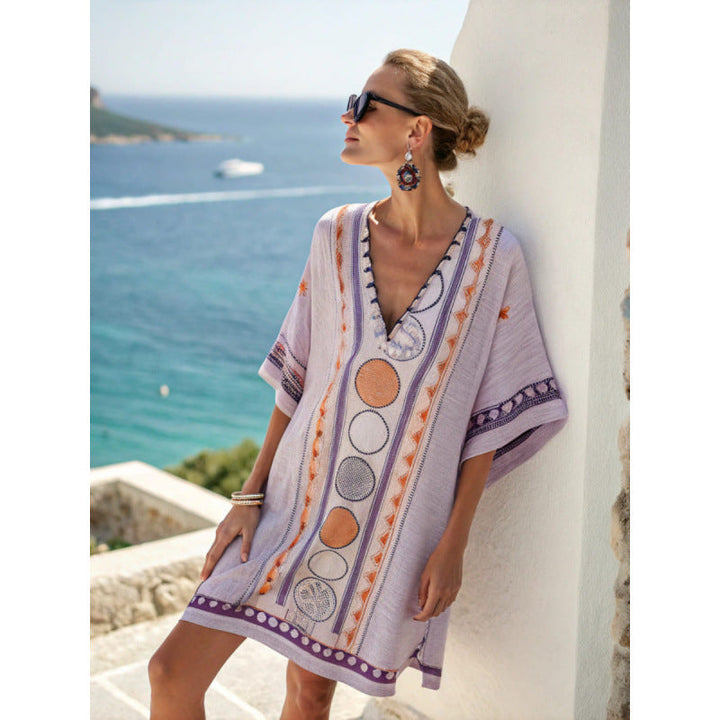 Tunika damska boho z dekoltem V, idealna na wakacyjne dni, komfortowa i stylowa.