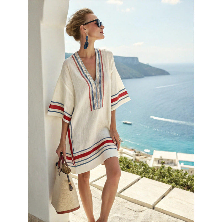 Modna damska tunika boho oversize z głębokim dekoltem V, styl letni.