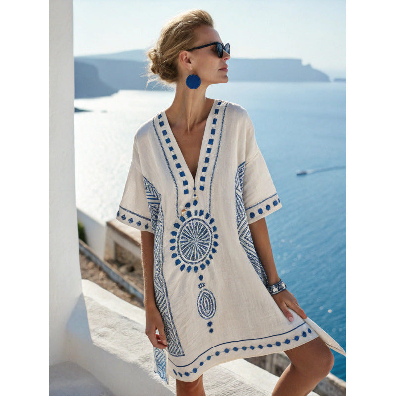 Damska tunika letnia oversize, dekolt V, styl boho na plażę lub spacer.