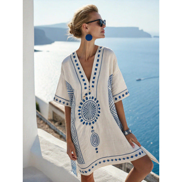 Damska tunika letnia oversize, dekolt V, styl boho na plażę lub spacer.