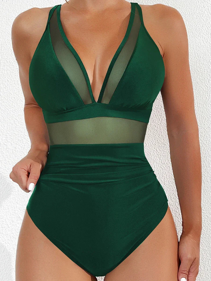 Elegancki damski strój kąpielowy push-up z siateczką. Jednoczęściowy, modelujący sylwetkę na lato.