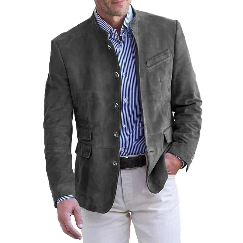 Stylowa marynarka męska ze stójką, podkreślająca elegancję. Odzież smart casual na co dzień.
