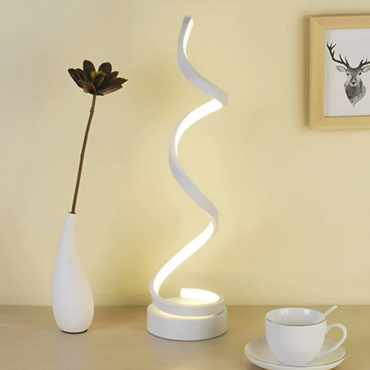 Lampa biurkowa LED LumaSpiral, spiralny design, energooszczędna, do nowoczesnego biura.