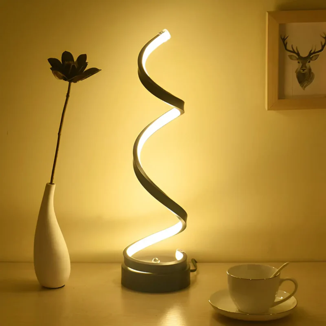 Stylowa lampa stołowa LumaSpiral, designerska spirala LED, dimmowalna, doskonała do sypialni.