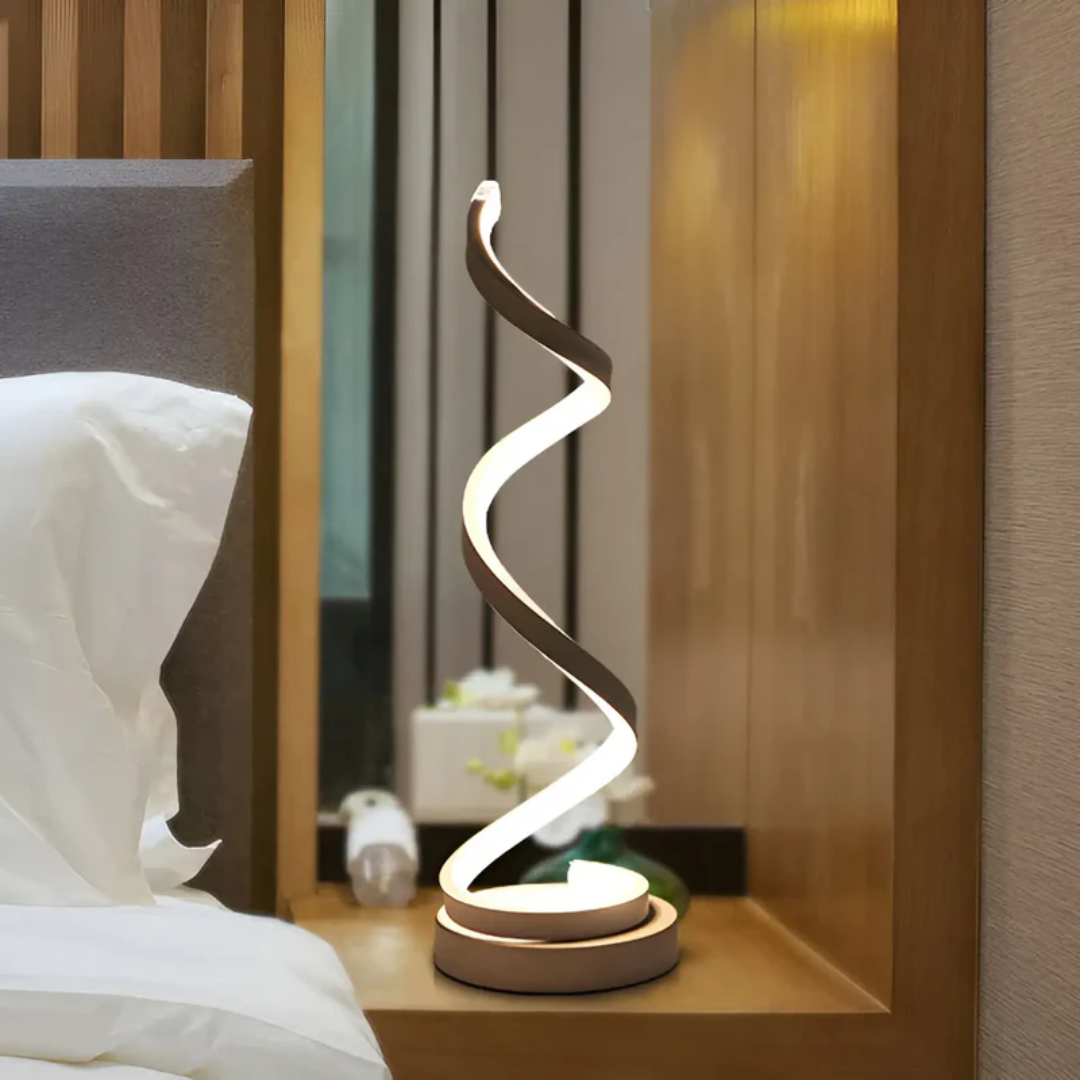 Nowoczesna lampa spiralna LumaSpiral, designerskie oświetlenie stołowe LED, do stylowego wnętrza.