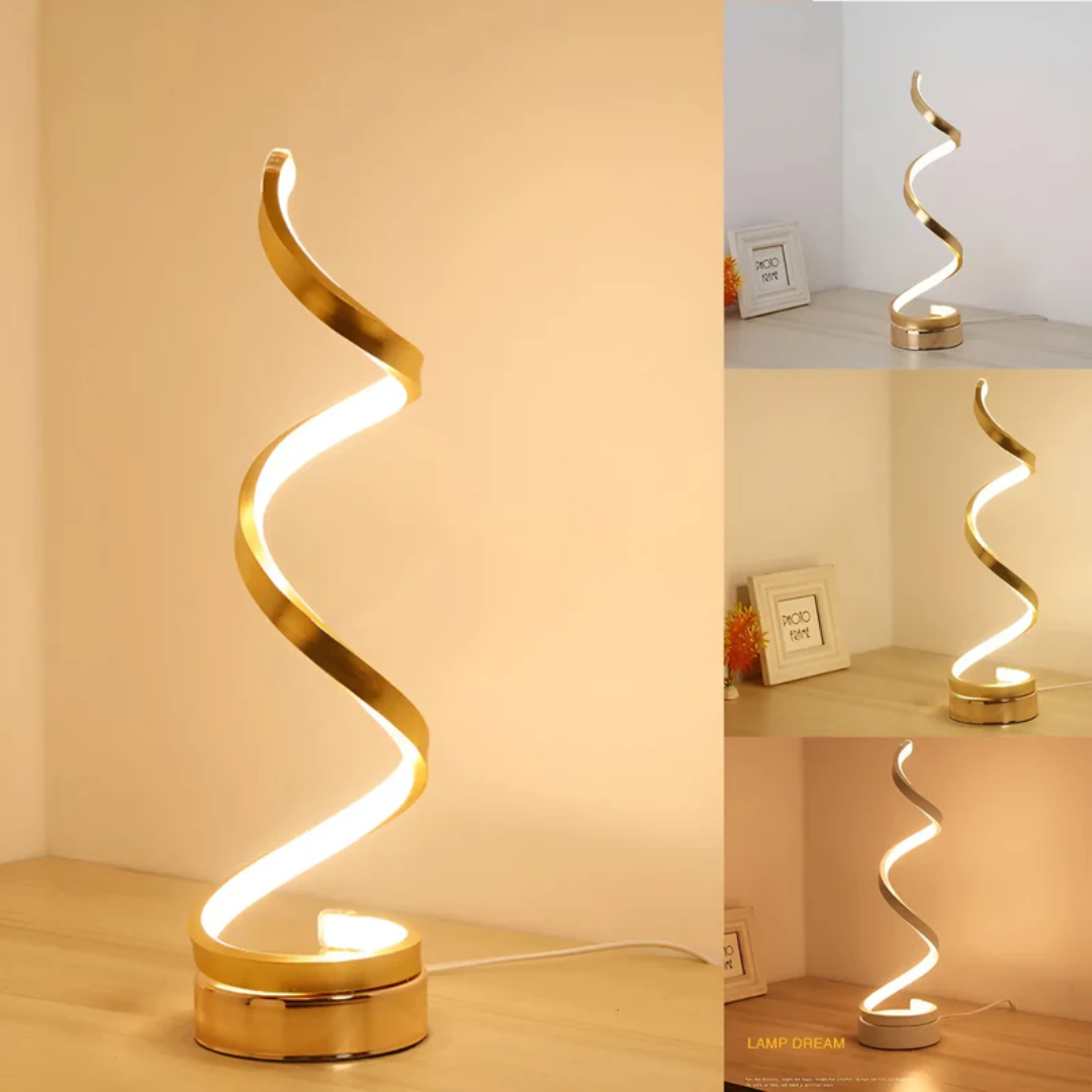 Regulowana lampa stołowa LED LumaSpiral, spiralny kształt, idealna do pracy i relaksu.