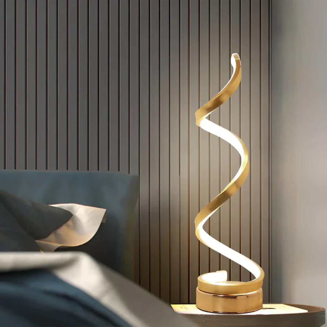 Lampa stołowa LumaSpiral z ciepłym światłem LED, nowoczesny design spiralny, do sypialni.