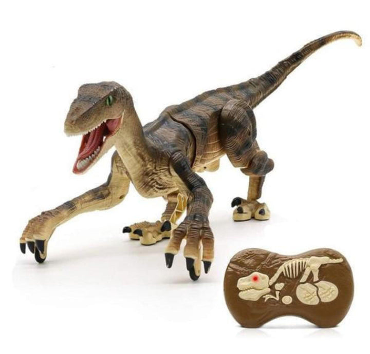 Zestaw interaktywnej zabawki: plastikowy dinozaur welociraptor i zdalne sterowanie, idealny dla dzieci.
