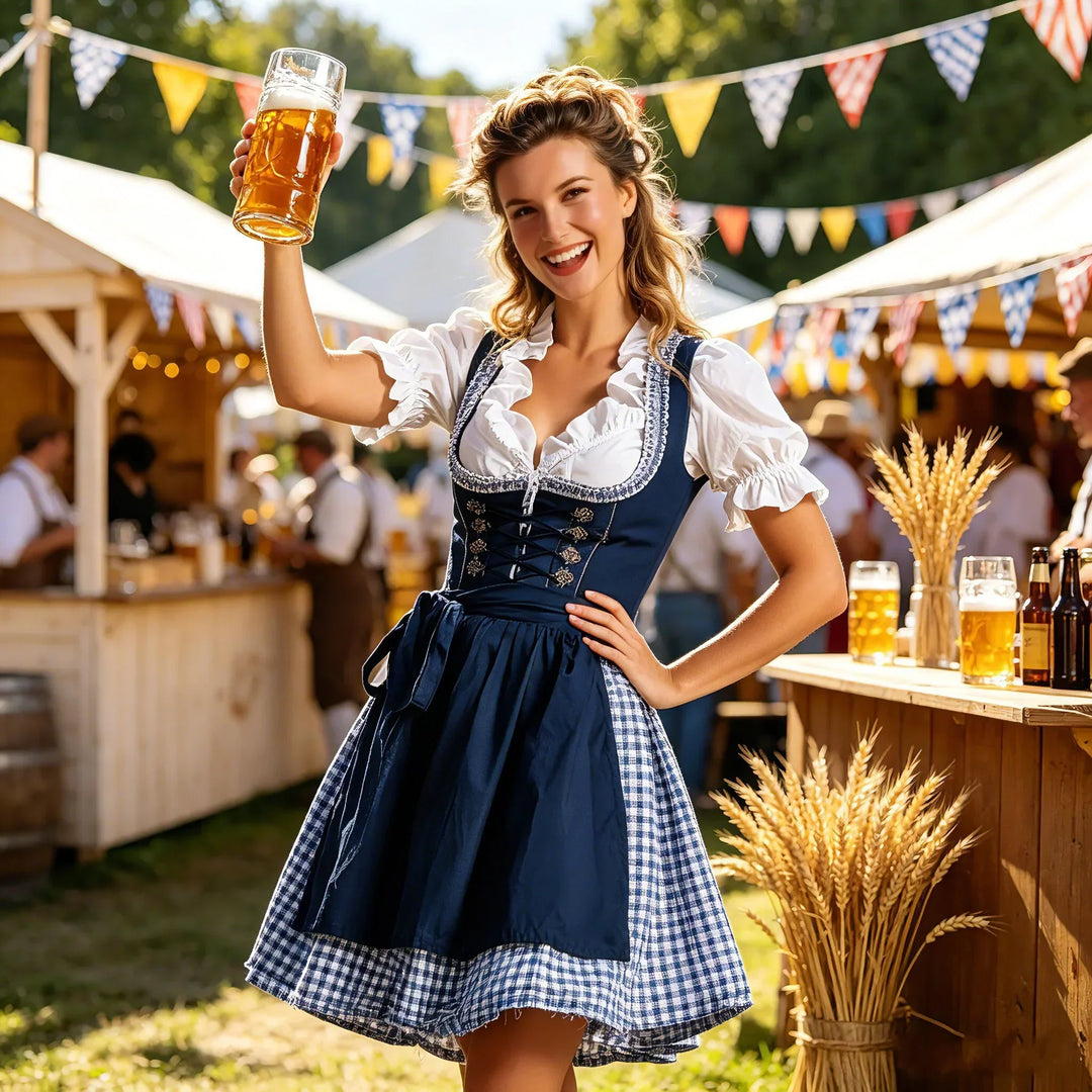 Tradycyjny bawarski komplet Dirndl dla kobiet: granatowo-biała sukienka, bluzka, fartuszek. Na Oktoberfest.