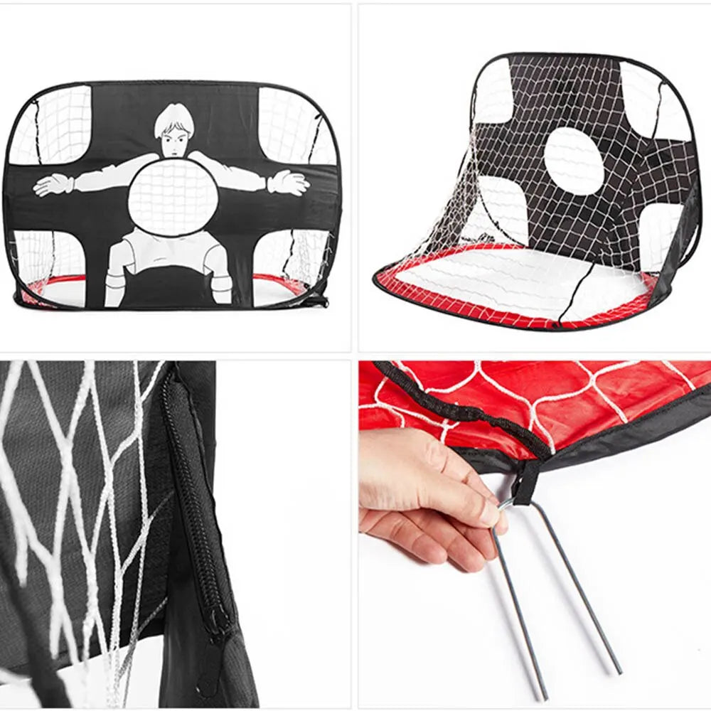 Zestaw przenośnych bramek piłkarskich dla dzieci. Zachęca do aktywności fizycznej i zabawy w piłkę nożną na świeżym powietrzu.