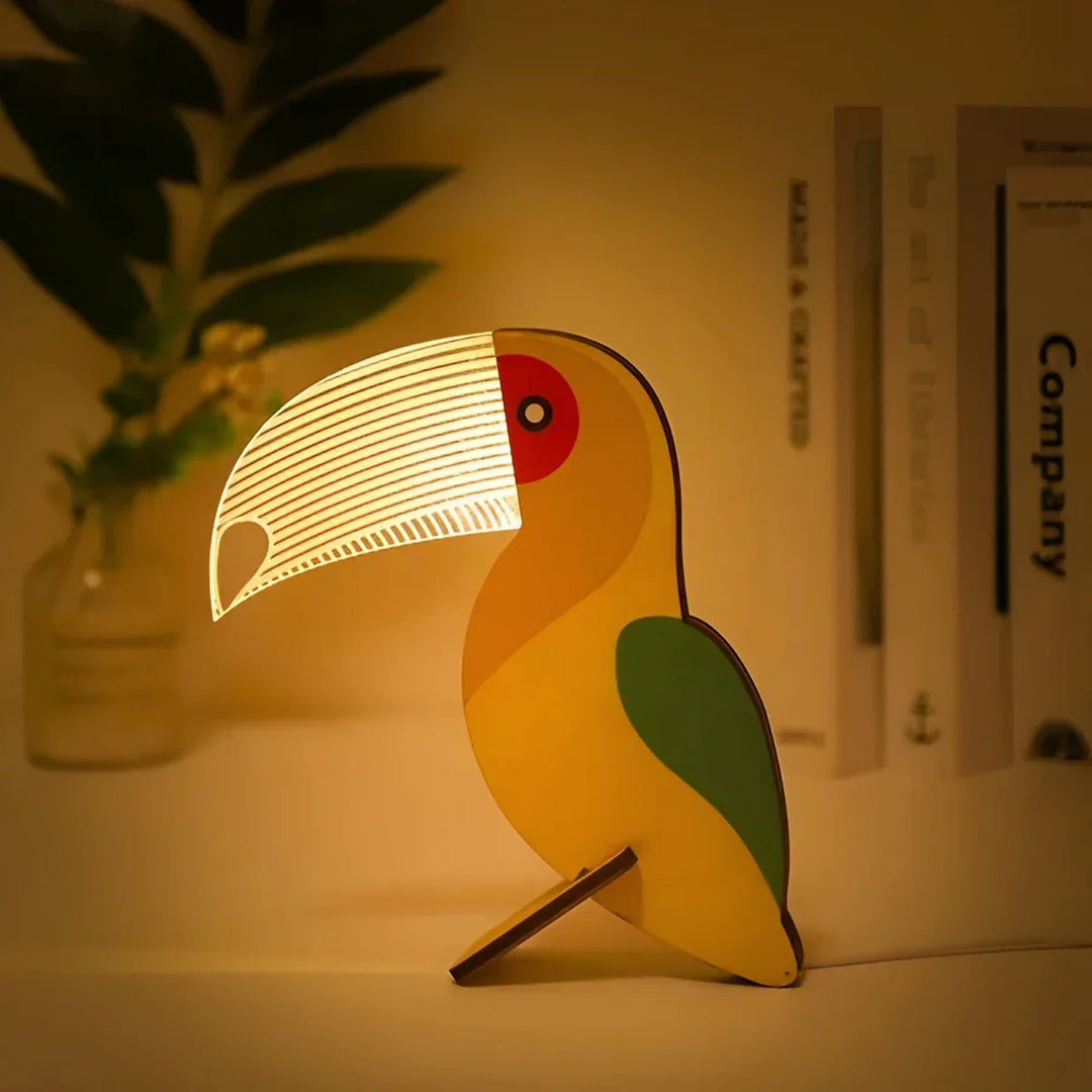 Urocza drewniana lampa stołowa WildGlow dla dzieci, motyw zwierząt. Lampa LED idealna do wystroju pokoju.