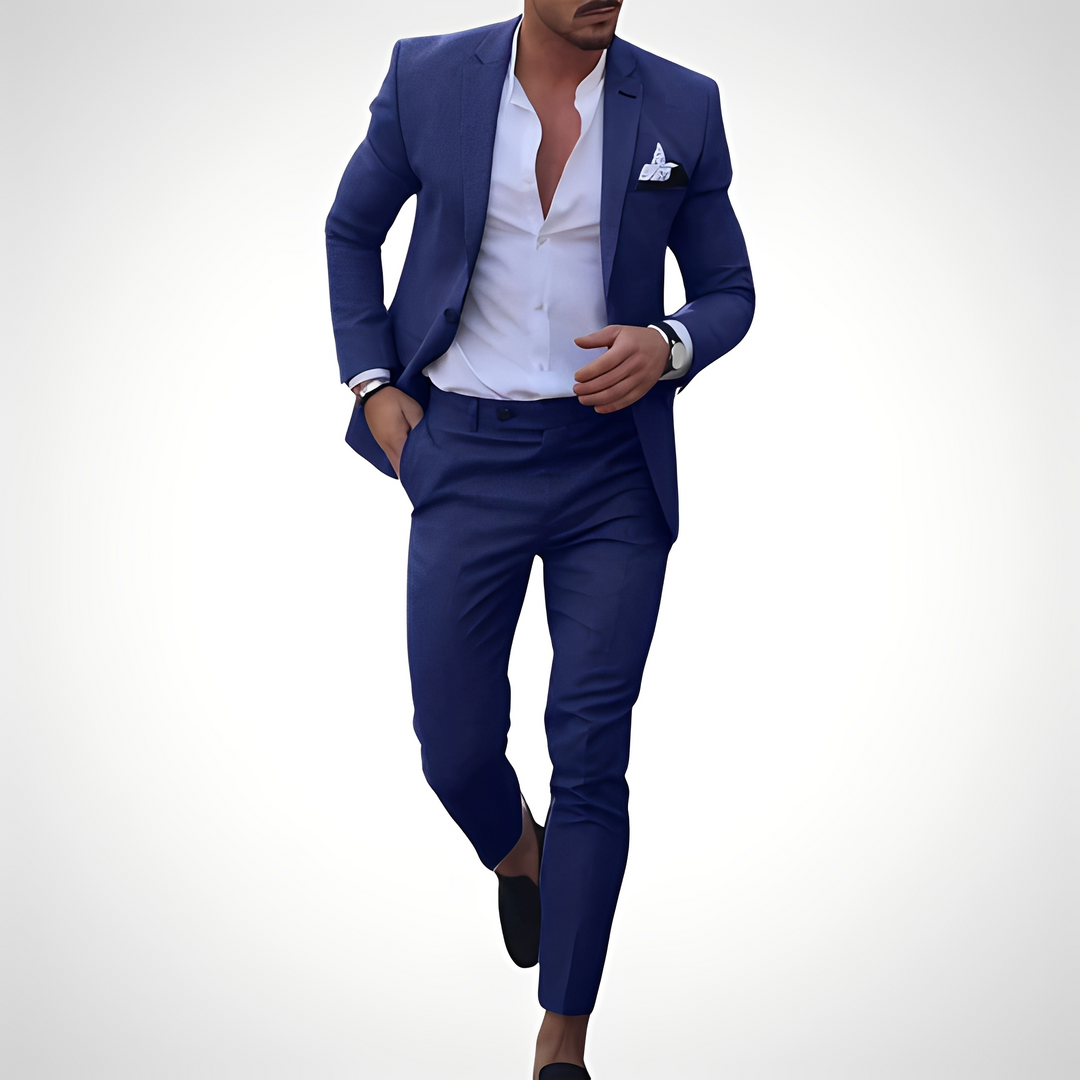 Klasyczny męski garnitur. Elegancka marynarka i spodnie slim fit, doskonały na każdą formalną uroczystość.