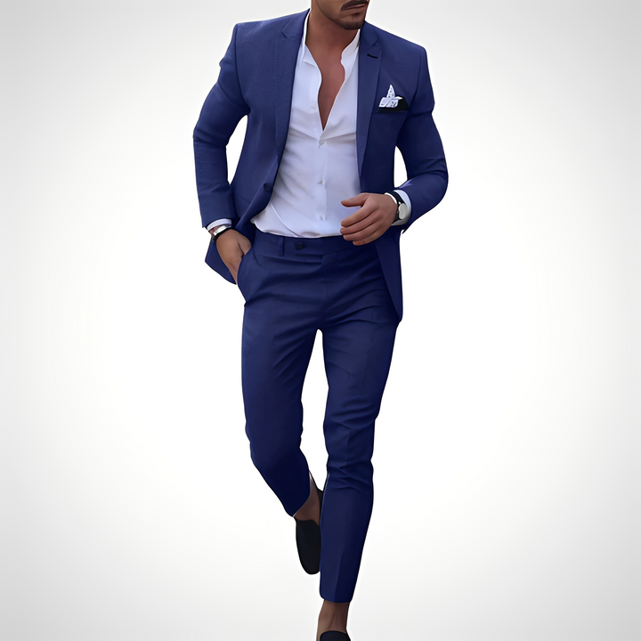 Klasyczny męski garnitur. Elegancka marynarka i spodnie slim fit, doskonały na każdą formalną uroczystość.
