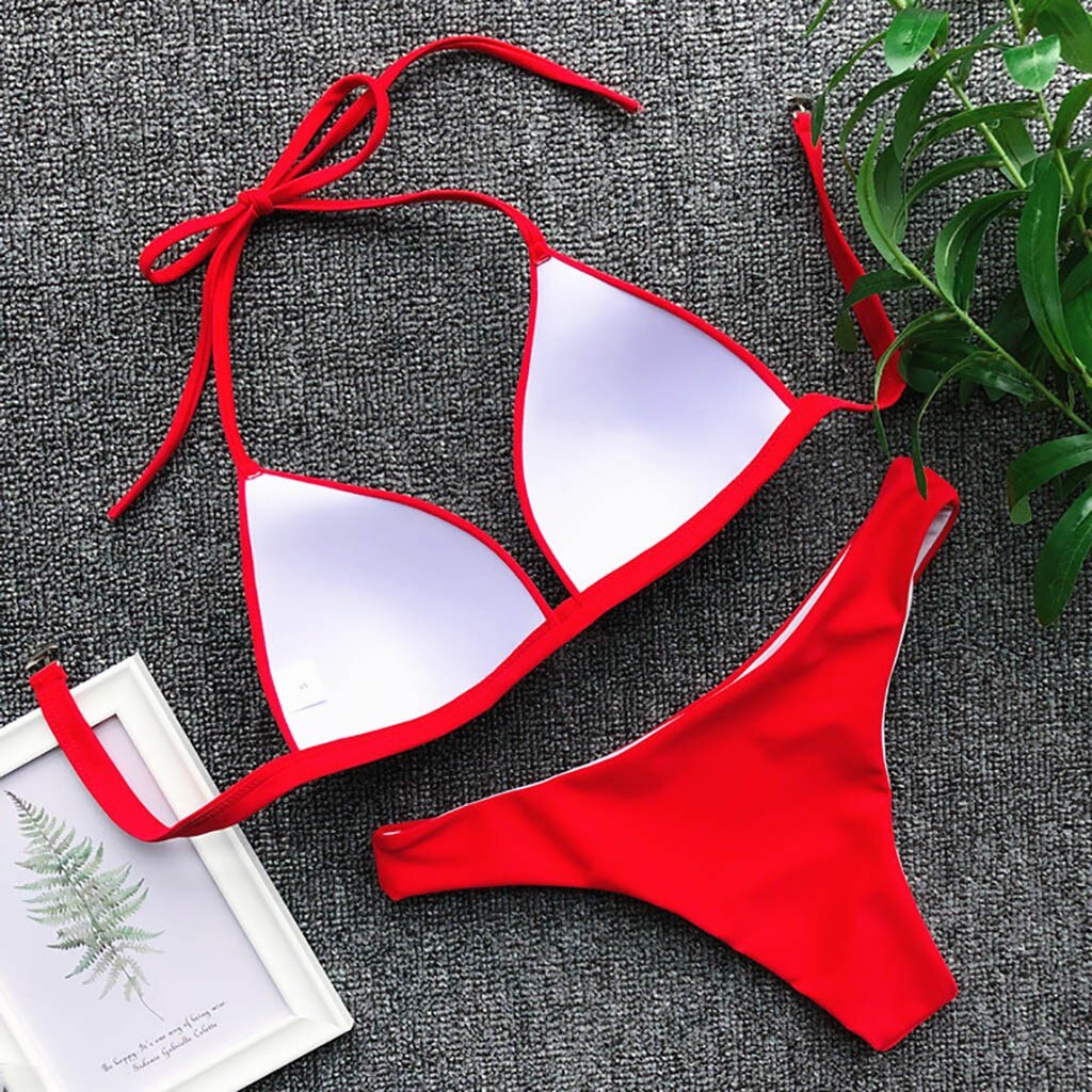 Bikini damskie dwuczęściowe, z wiązaniami, wykonane z trwałego poliestru i spandexu.