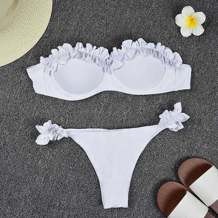 Elegancki dwuczęściowy strój kąpielowy damski bikini z falbankami, bez ramiączek, moda plażowa.